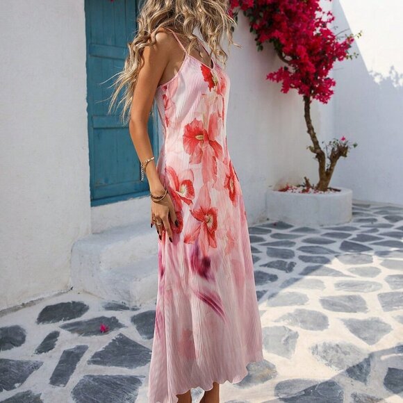 Baby Pink Boho Women's Romantic Floral Print Dress With Pleated Texture - Picture 4 of 7
